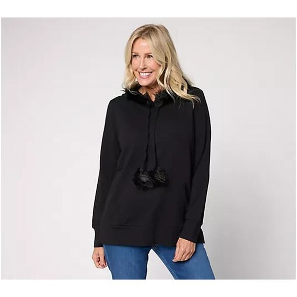Belle Kim Gravel Tops - Belle by Kim Gravel Faux Fur Trimmed Hoodie Womens Size XL Black Cozy Pullover